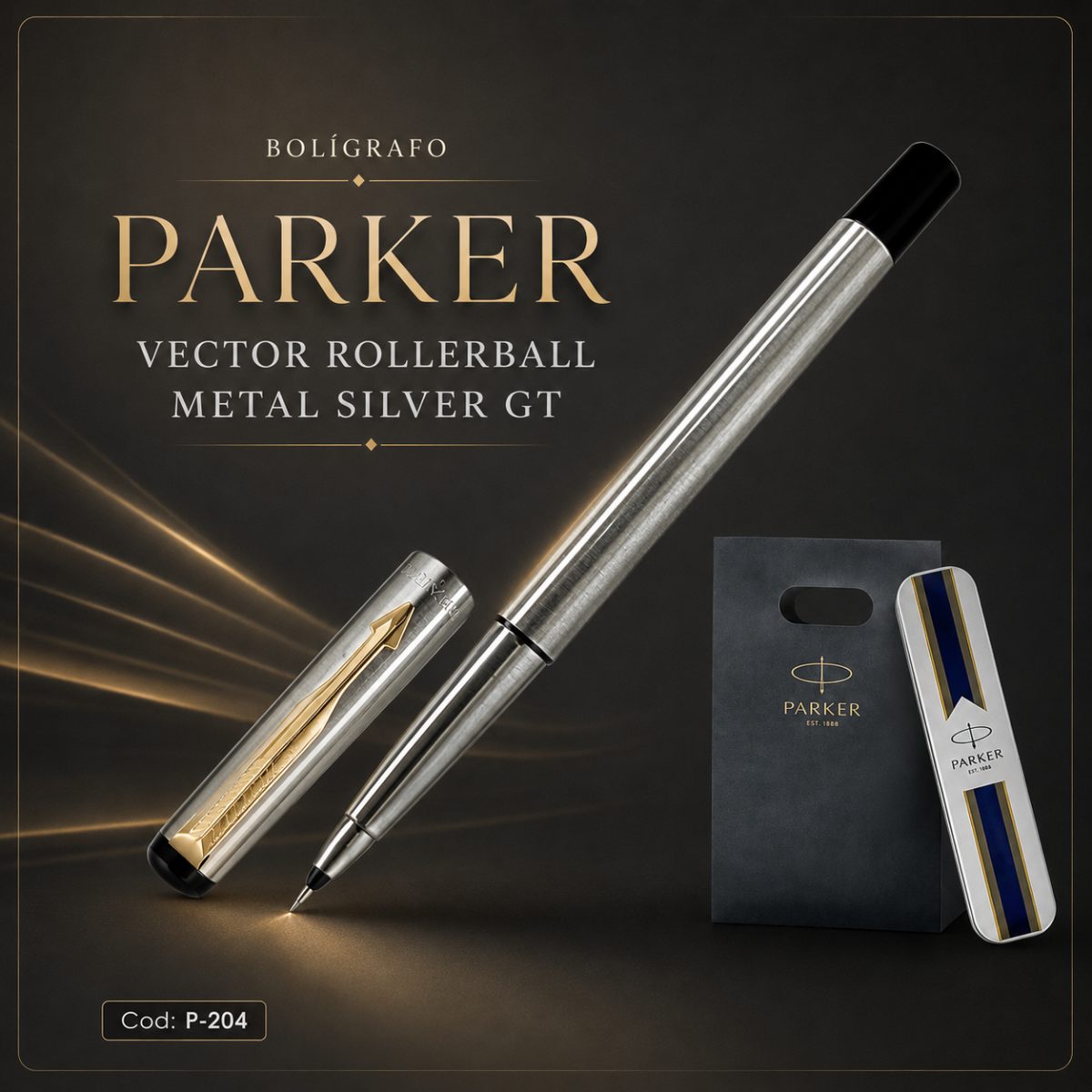 Bolígrafo Parker Vector Rollerball Metal Silver GT con Caja y Bolsa de Regalo