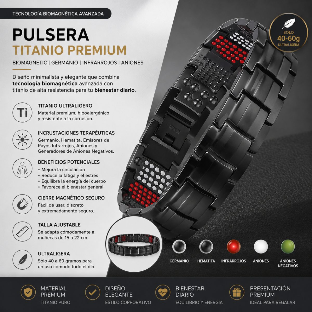 TitanExec Dark VitalBrace – Pulsera Ejecutiva de Titanio Gris Noche